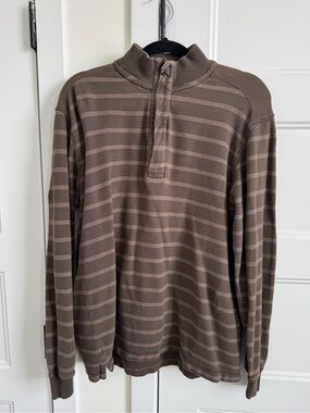 G H Bass Earth Brown Striped Unisex Long Sleeve Quarter Zip Up | 100% Cotton